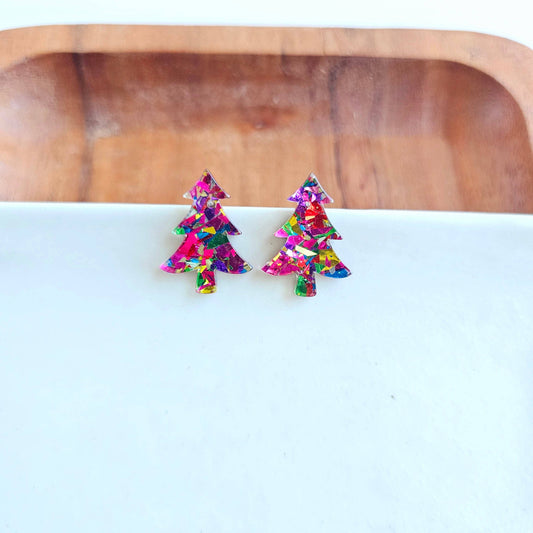 Christmas Tree Studs - Pink Sparkle